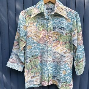 70s Abstract Scene Impressionist Van Gogh Like Button Up Shirt.